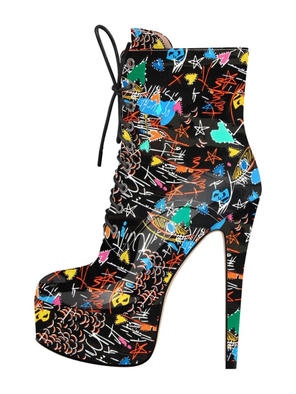Black Multi-Color Graffiti Lace-Up Platform Ankle Boots Stiletto Shoe Size 9 NEW